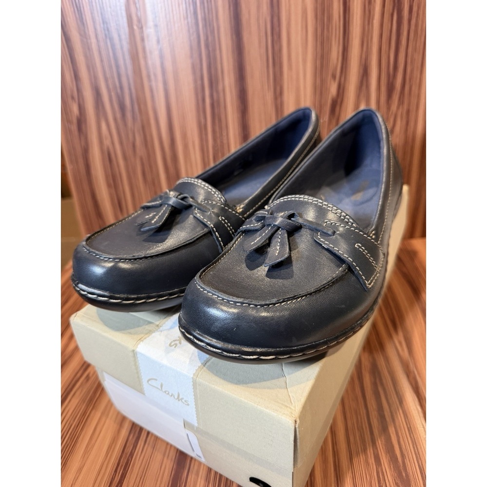 Clarks Ashland Bubble Navy Leather Loafers‎ Tassel Slip On Womens 9W Wide